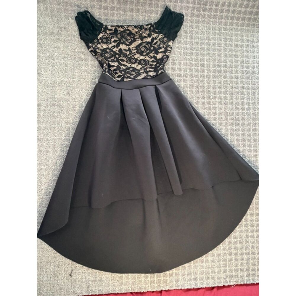 January 7 youth L hi low black lace party dress 28” waist front 36” back 48”